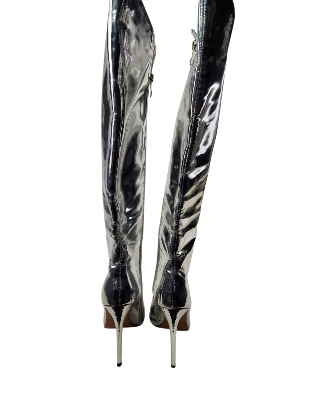 Silver Metallic Knee-High Stiletto Boots Size 38 Pointed Toe Futuristic Space 8 - Picture 10 of 16